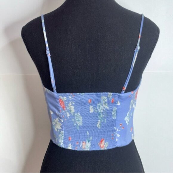 Zara Top Medium Blue Floral Ruched Back Crop Bustier Spaghetti Hook Eye Closure - Picture 12 of 13